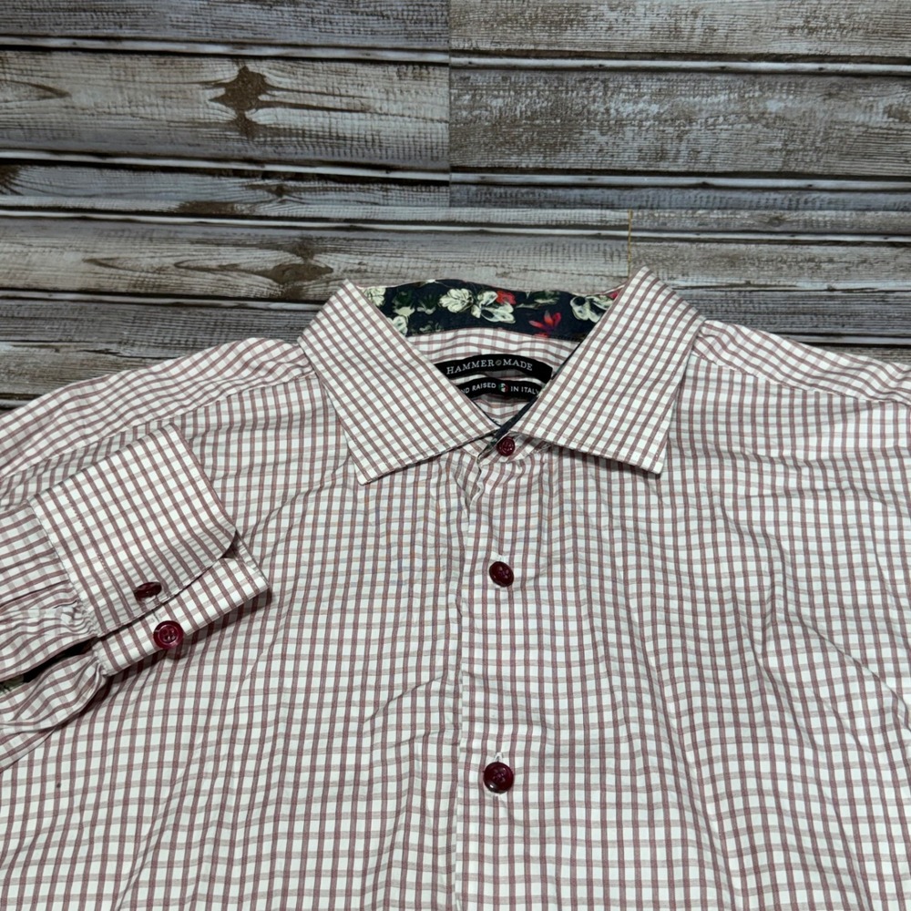 Hammer Made Button Down Shirt Mens 44/17.5 Maroon Gingham Check Floral Trim LS
